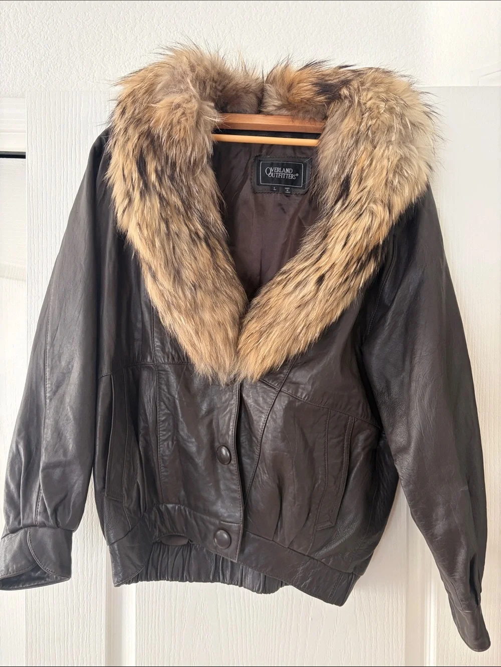Vintage Women's Brown 100%Leather Jacket with Fur Trim, satin lining